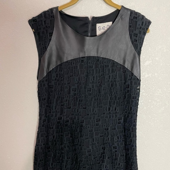 Sea New York Black Lamb Leather Trim Textured Shift Dress 8 - Picture 2 of 6